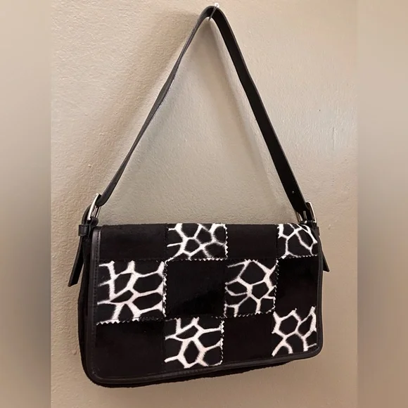 Vintage ESPRIT Cow Print Patchwork Look Shoulder Bag Y2K Purse Black White VTG - Picture 4 of 12